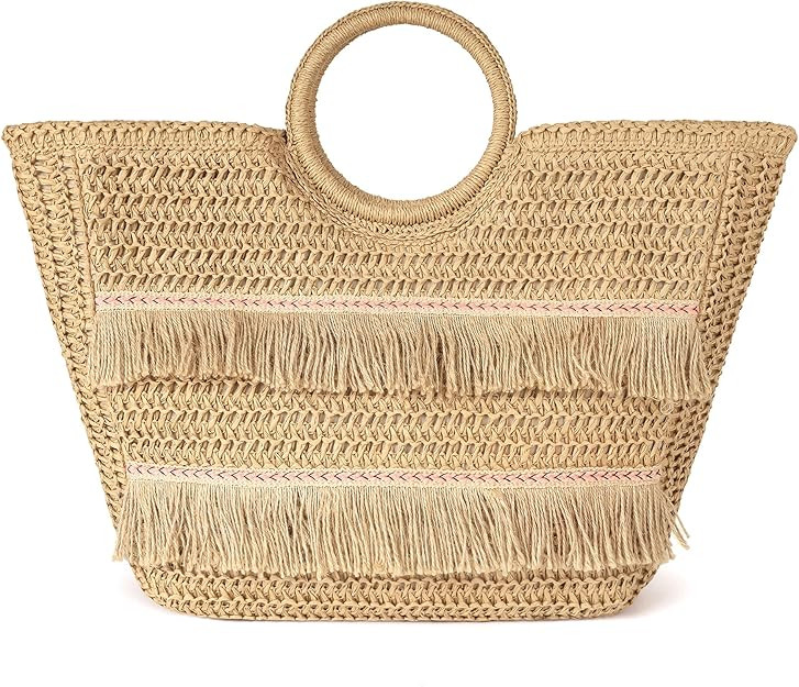 Beach Tote Bag for Women, Hand Woven Bags, Natural Fibre Boho Purse, Top Handle Hobo Handbag, Str... | Amazon (US)