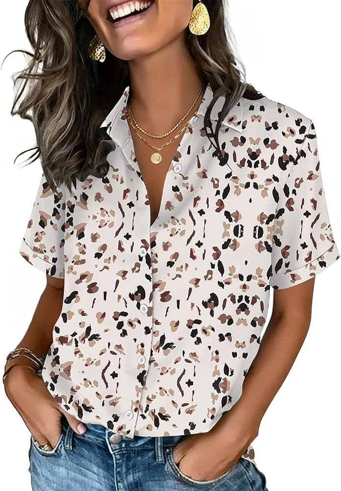 Zeagoo Button Down Shirts for Women Short Sleeve Collared Tops Dressy Casual V Neck Blouses | Amazon (US)