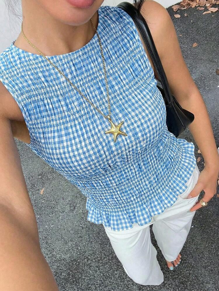 Siren Gaze Women's Plaid Aesthetic Smocked Sleeveless Tank Top With Ruffle Hem,Blue And White Sum... | SHEIN