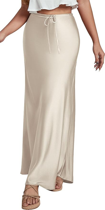 FEOYA Women’s Satin Silky Maxi Skirt High Waist A Line Elegant Flowy Mermaid Hem Drawstring Wed... | Amazon (CA)
