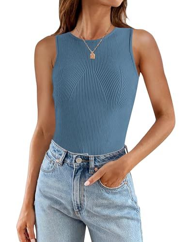 ZESICA Womens Ribbed Tank Tops 2024 Summer Sleeveless High Neck Casual Slim Fitted Basic Knit Shi... | Amazon (US)