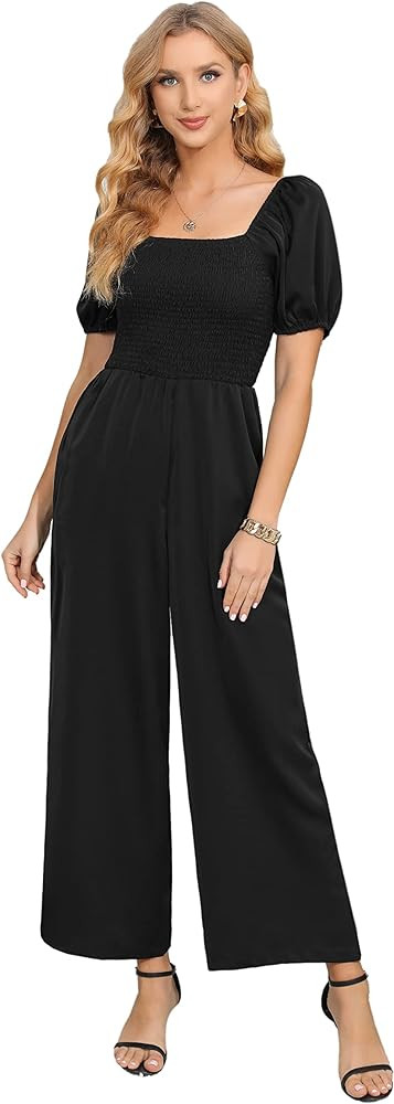 Women's Floral Short Sleeve High Waist Wide Leg Pants Casual Loose Smocked Jumpsuit Romper | Amazon (US)