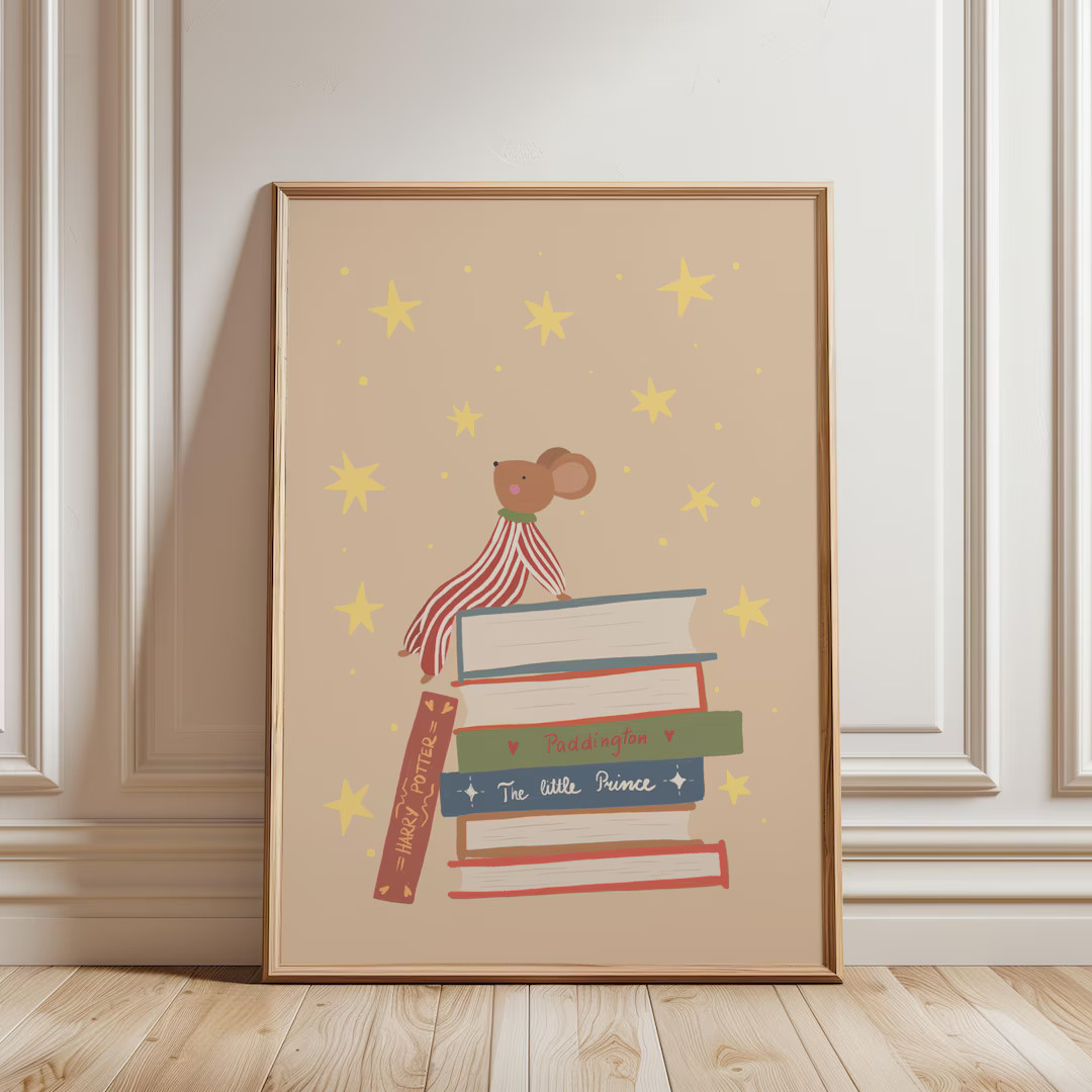 Whimsical Mouse Sitting on Books Printable Wall Art, Star Gazing Animal Illustration, Inspiration... | Etsy (US)