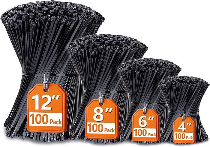 Zip Ties Assorted Sizes(4\u201d+6\u201d+8\u201d+12\u201d), 400 Pack, Black Cable Ties, UV Resista... | Amazon (US)