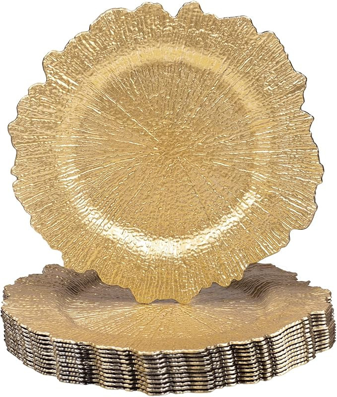 MAONAME 13" Gold Charger Plates, Round Reef Chargers for Dinner Plates, Plastic Plate Chargers fo... | Amazon (US)