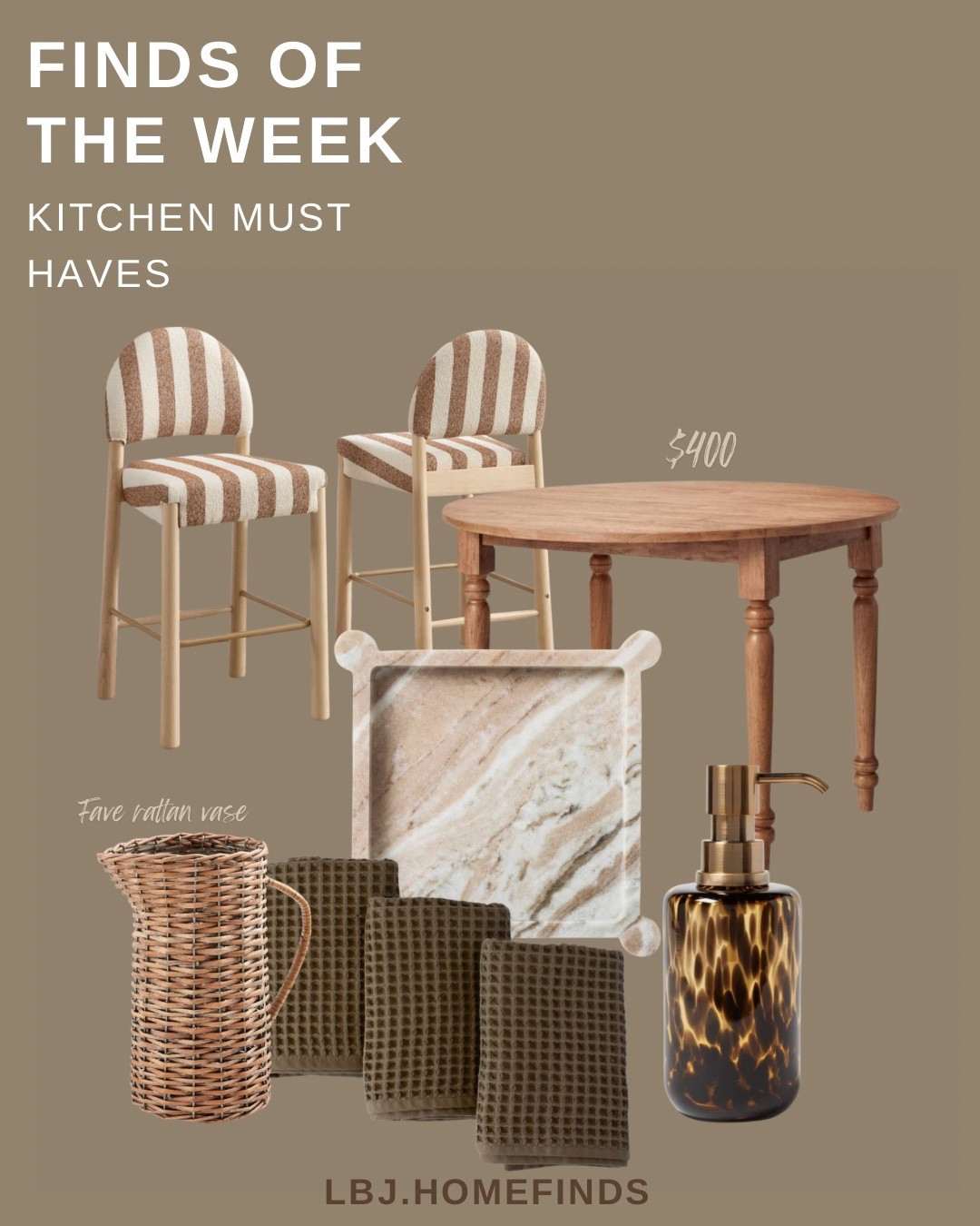 Elevated kitchen finds that make your space feel designer — without the designer price tag 🤎

These warm neutral kitchen pieces instantly upgrade your space with an organic modern look:

• striped counter stools
• solid wood round dining table
• marble serving tray
• woven pitcher (perfect for hosting)
• waffle weave kitchen towels
• tortoise soap dispenser for an elevated sink setup

The perfect mix of cozy + elevated everyday kitchen styling.

Everything linked for easy shopping ✨

#LTKHome #LTKFinds #KitchenDecor #OrganicModern #NeutralHome #KitchenStyling #HomeFinds