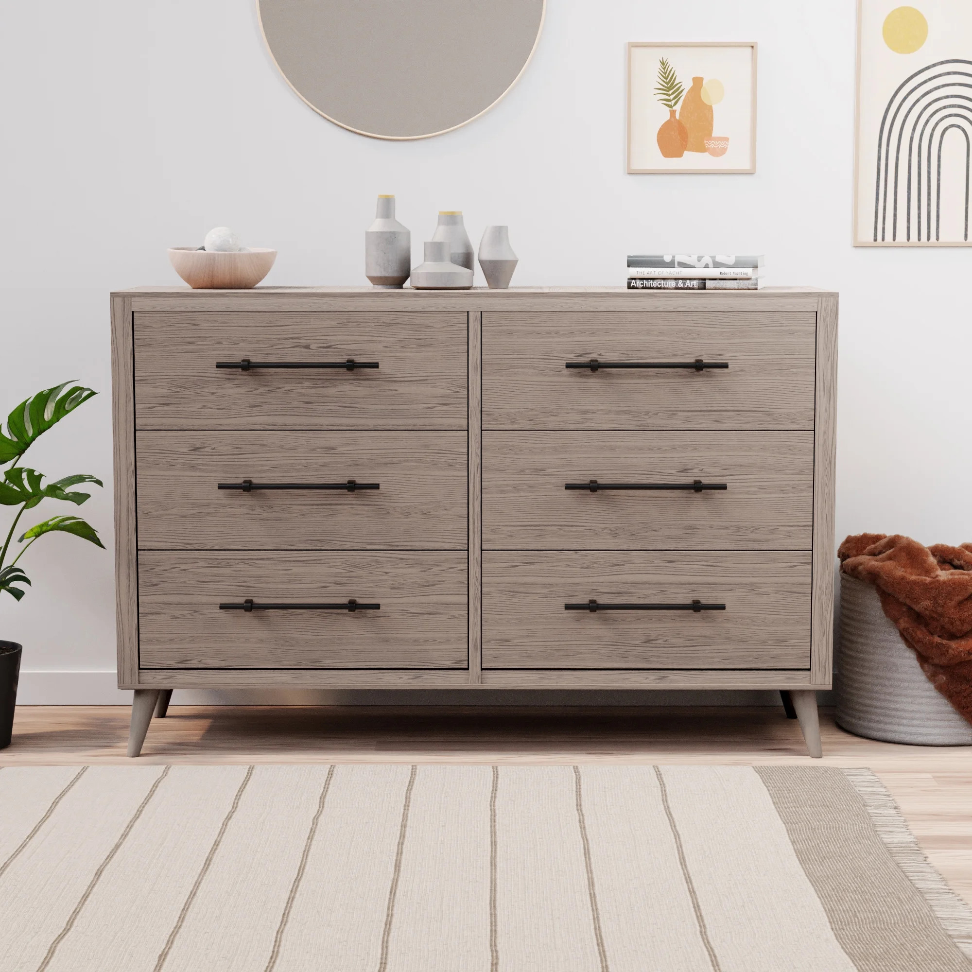 Rest Haven Mid-Century Modern 6 Drawer Dresser, Natural - Walmart.com | Walmart (US)