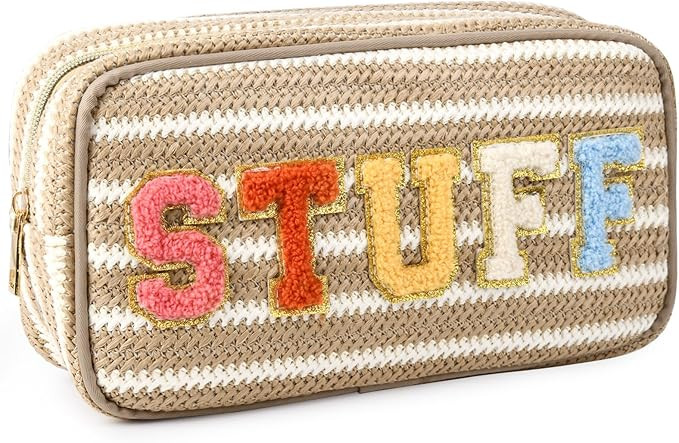 SOIDRAM Stuff Woven Makeup Bag Straw Beach Bag for Women Boho Patch STUFF Cosmetic Bag Toiletry B... | Amazon (US)