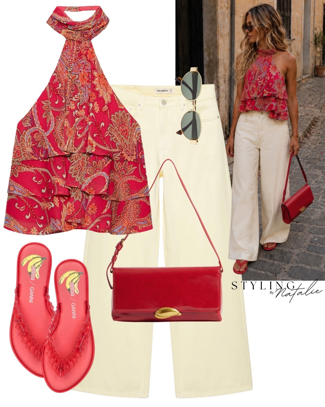 Yellow and red outfit 💛❤️‍🔥
Paisley print ruffle halter top with scarf, yellow wide leg jeans and red Ganni sandals and red bag 
@Zara @Pull & Bear summer outfit date night outfit, colourful look , brunch look.

#LTKFashionMonth #LTKsummer #LTKuk