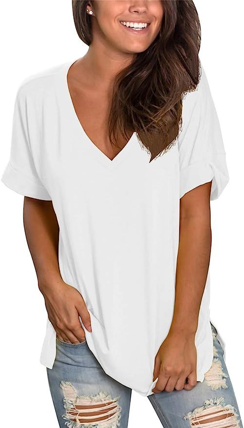 Topstype Womens Summer Short Sleeve T Shirts V Neck Tunic Roll Up Tops Cute Tees Loose Fitted Hen... | Amazon (US)