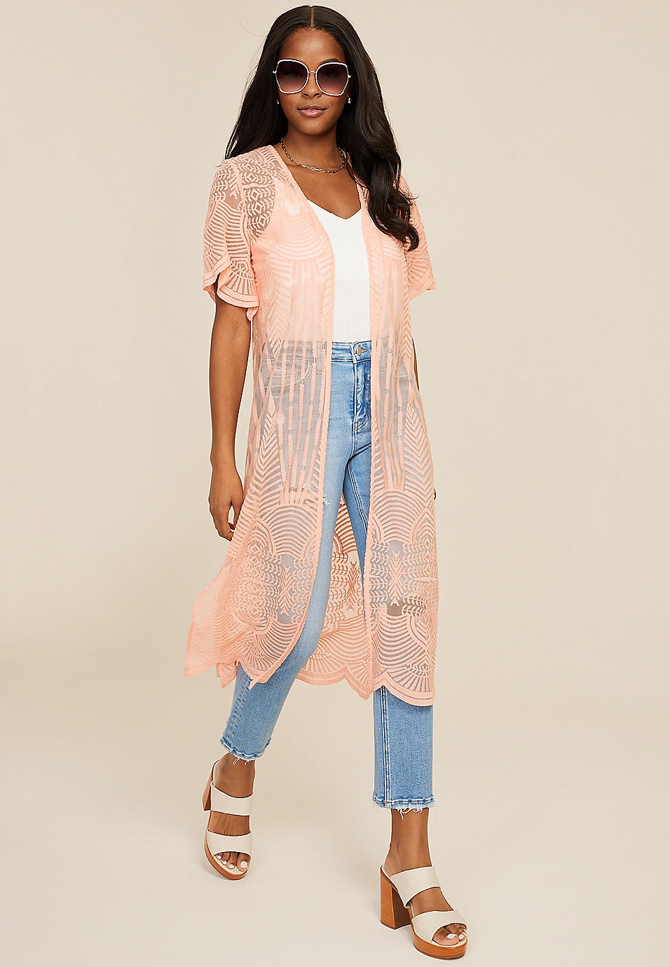 Embroidered Mesh Kimono | Maurices