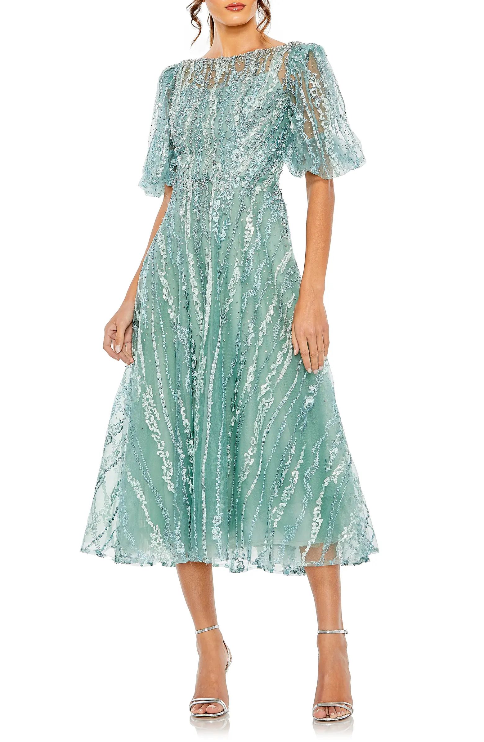 Embellished Puff Sleeve Midi Cocktail Dress | Nordstrom