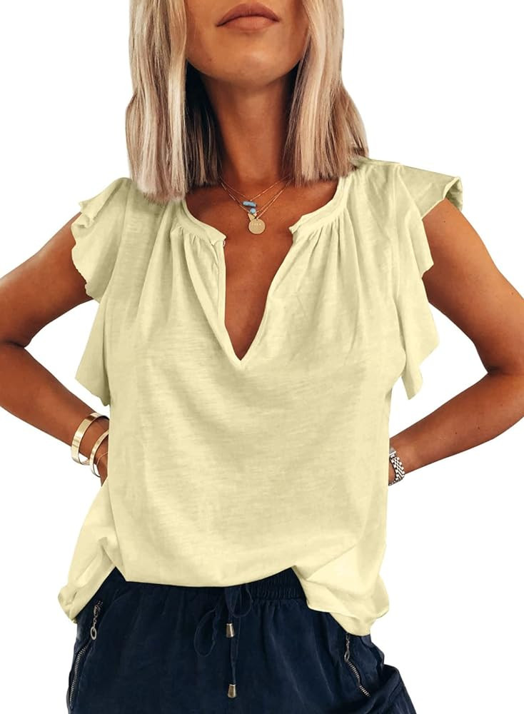 Dokotoo Women's Casual V Neck Ruffle Sleeve Summer Tank Tops Shirts | Amazon (US)