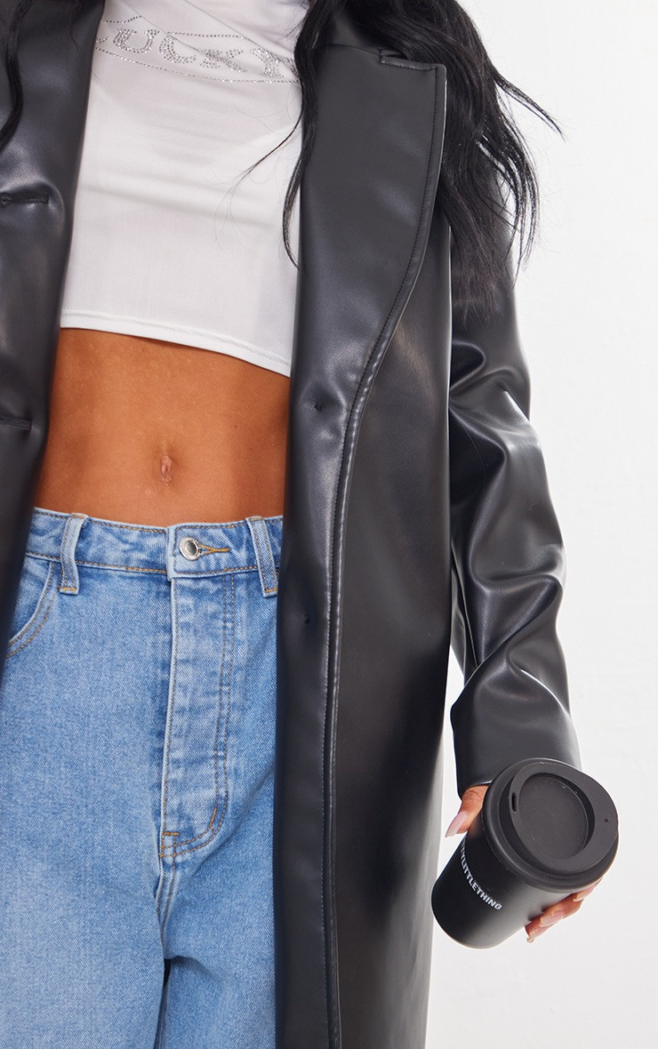 Black Shoulder Padded Faux Leather Longline Coat | PrettyLittleThing US