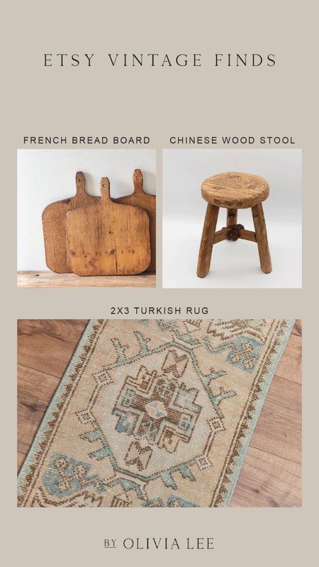 Etsy vintage home decor finds - vintage stool, vintage bread board, vintage rug 

#LTKhome #LTKFind