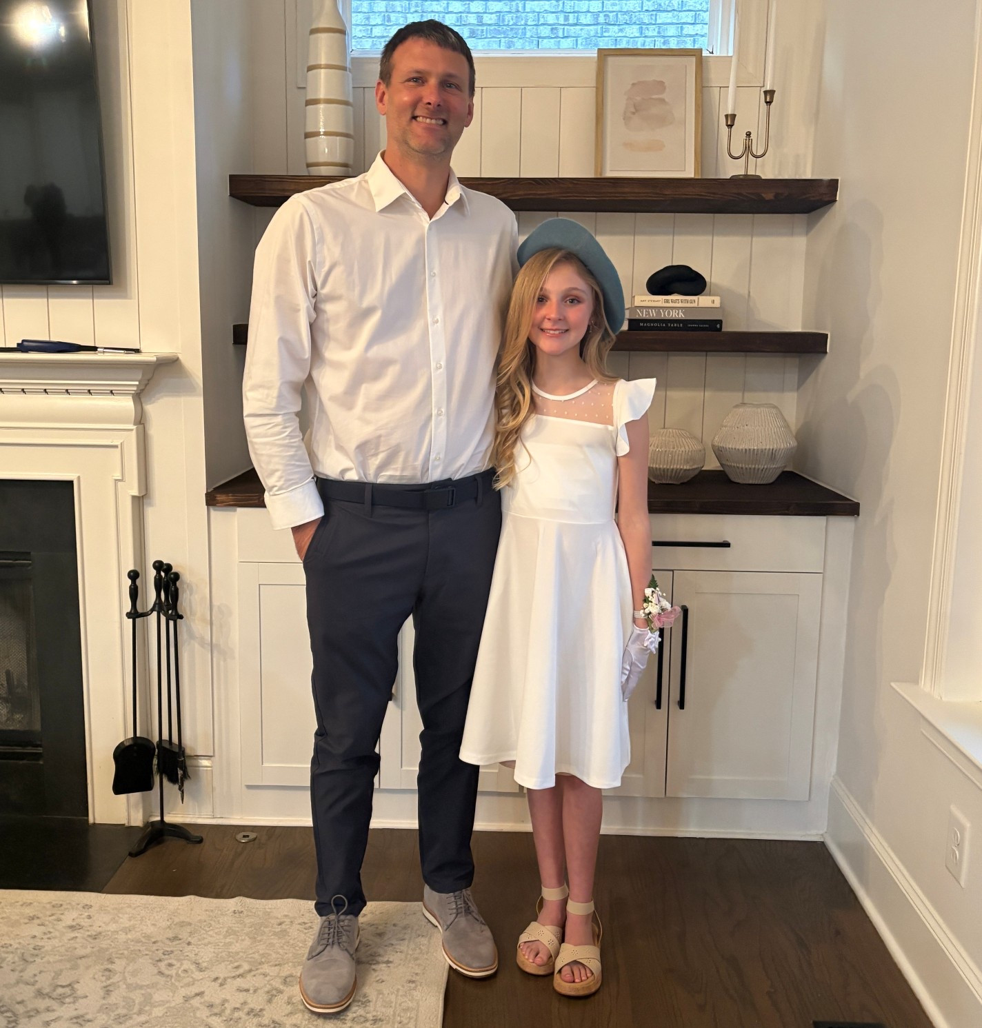 Our oldest had her Paris themed Daddy/Daughter dance! She picked this cute white dress from Amazon that is more than half off right now! Fits true to size but is a little sheer, she wore a slip underneath. My husband is wearing the Nordstrom
Slim fit white button up with navy Vuori dress pants and his groove life navy belt. 

#LTKMens #LTKKids #LTKWorkwear