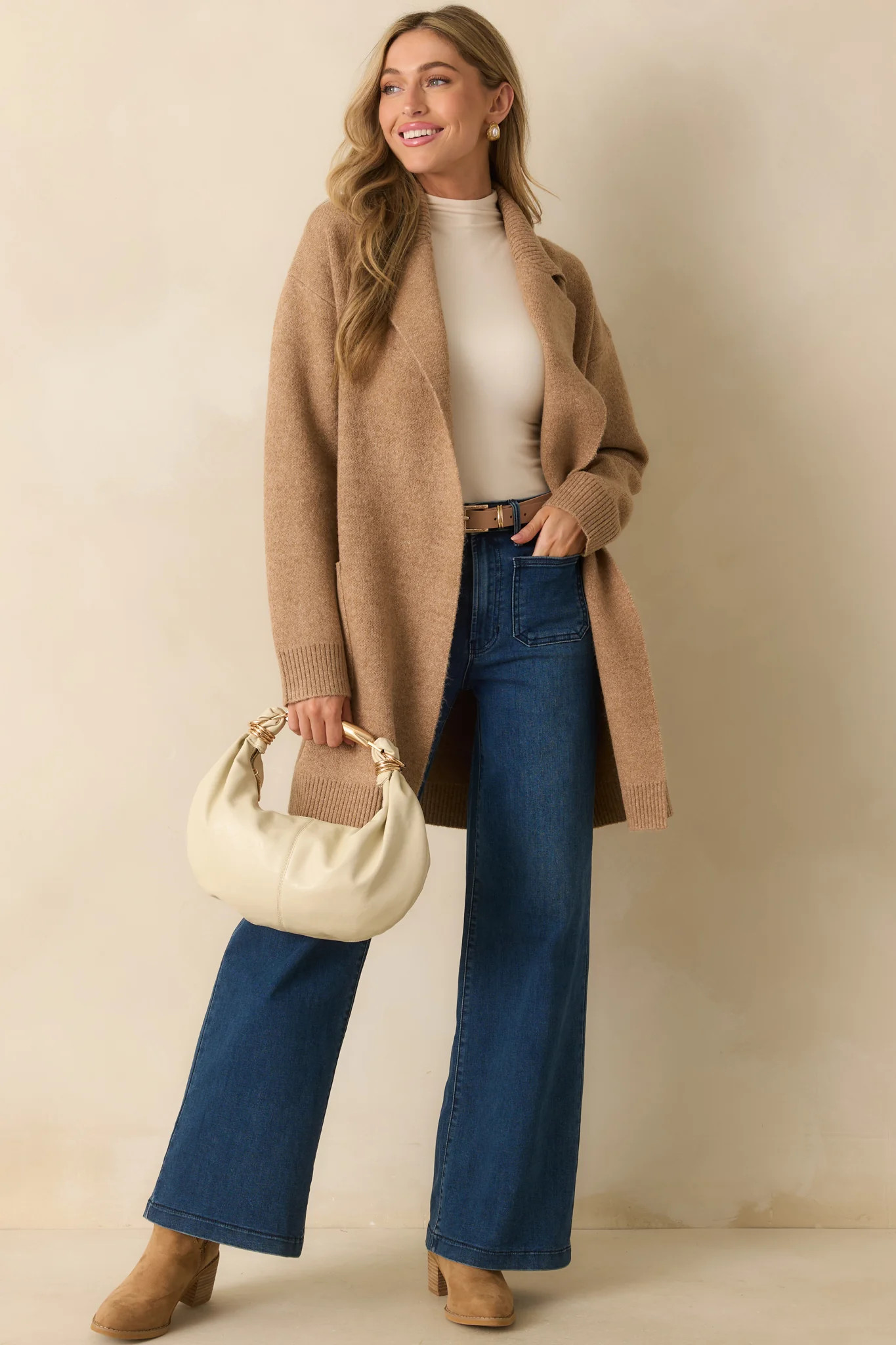 What’s Left To Say Camel Brown Open Front Knit Cardigan | Red Dress