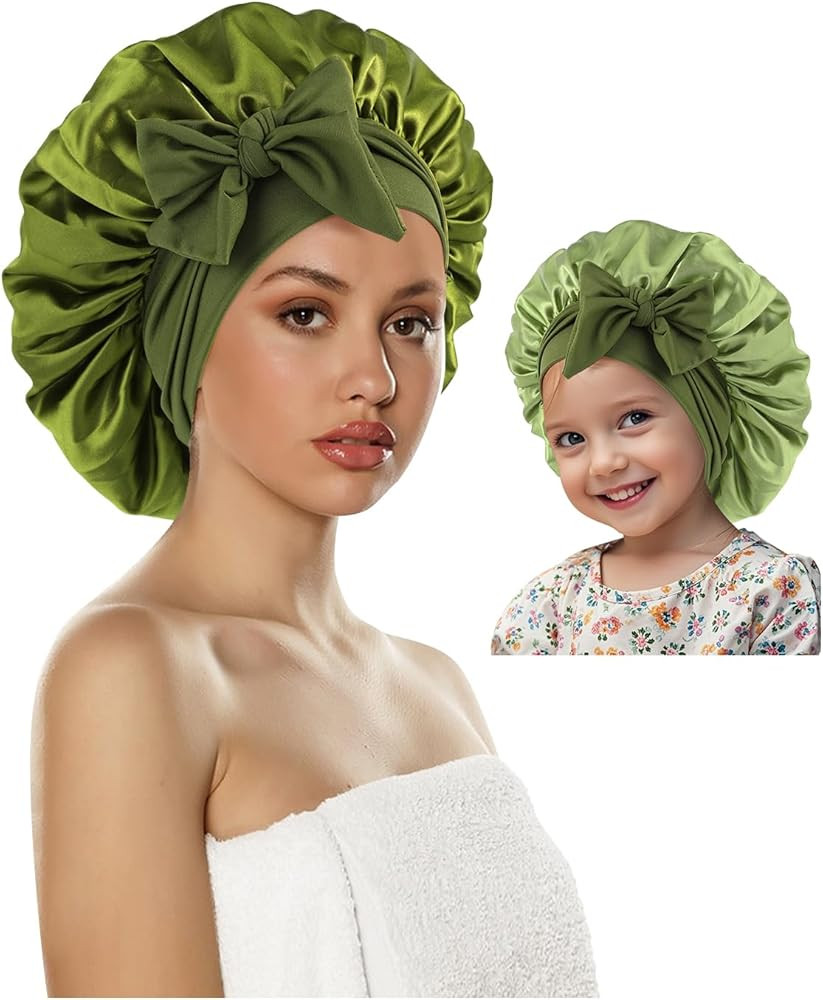 Satin Silk Hair Bonnet for Sleeping Women Kids, Double Layer Bonnet with Tie Band for Girls Boys ... | Amazon (US)