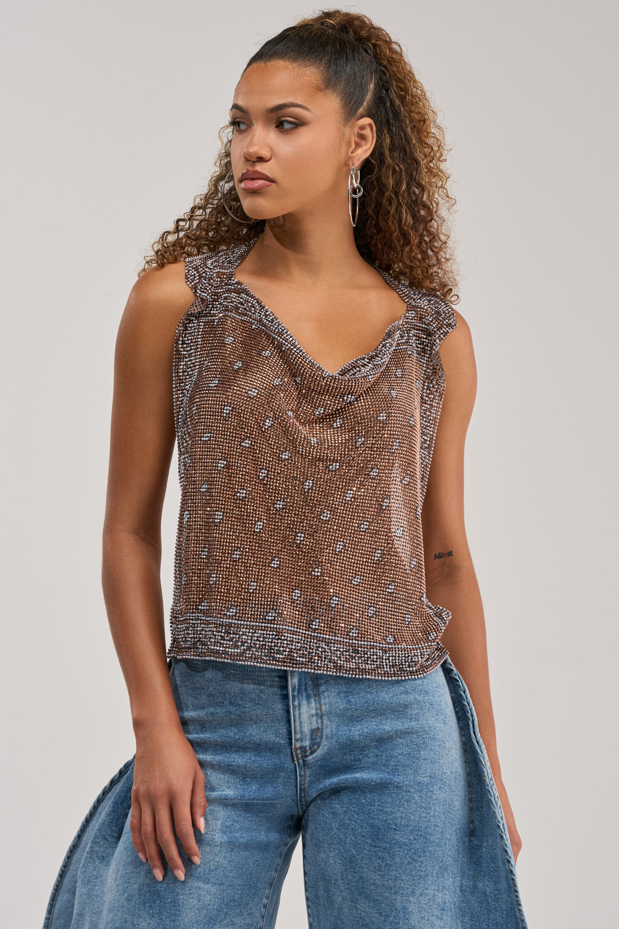 Bronze Bandana Print Rhinestone Crop Blouse | AKIRA | AKIRA
