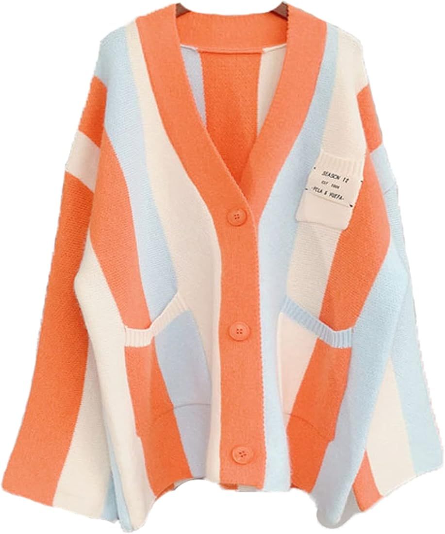 Winter Long Sleeve Cable Knitted Color Block Boho Striped Sweater Cardigans Chunky Sweater Cardig... | Amazon (US)