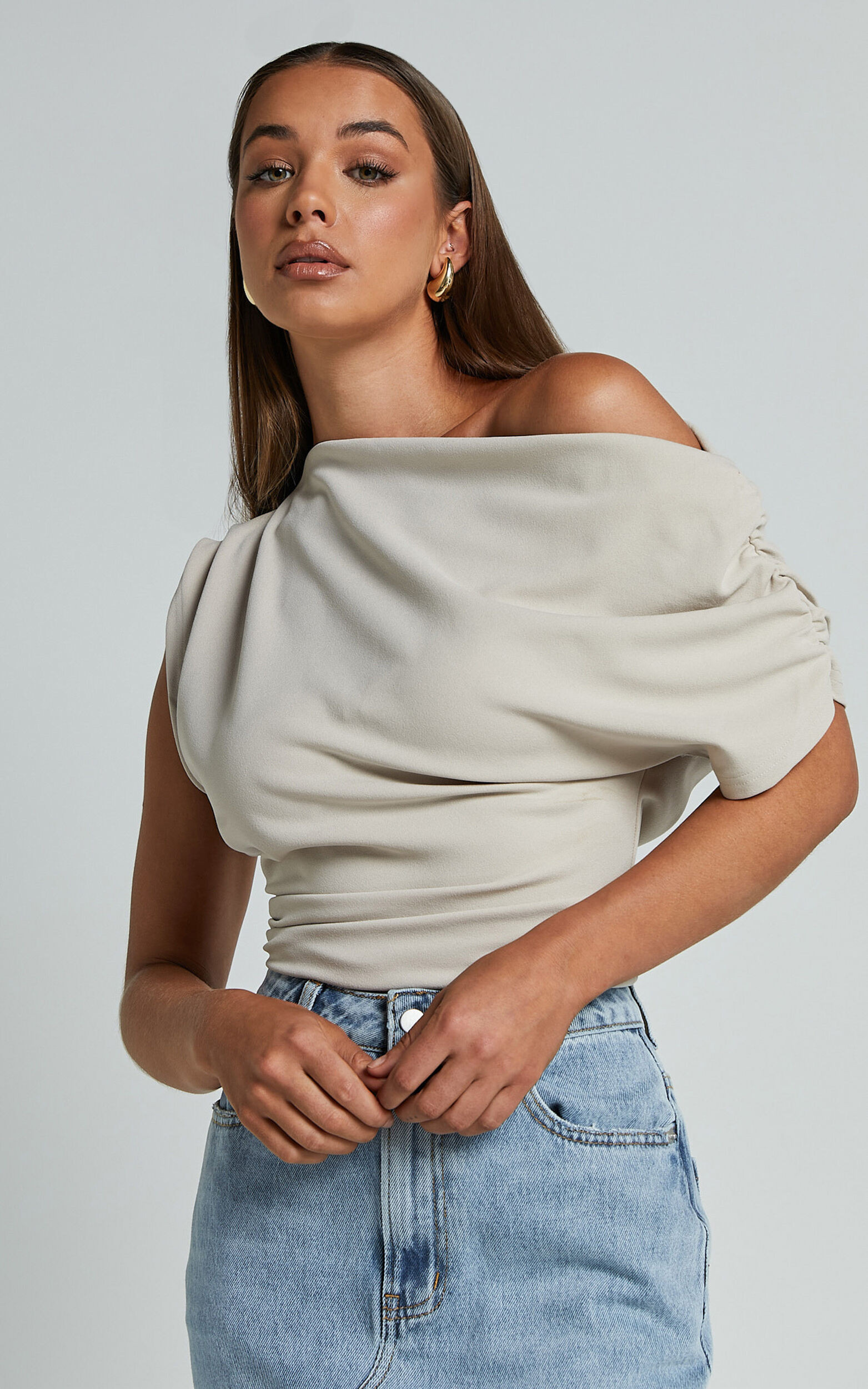 Nalfie Top - Asymmetrical Top in Oat | Showpo (US, UK & Europe)