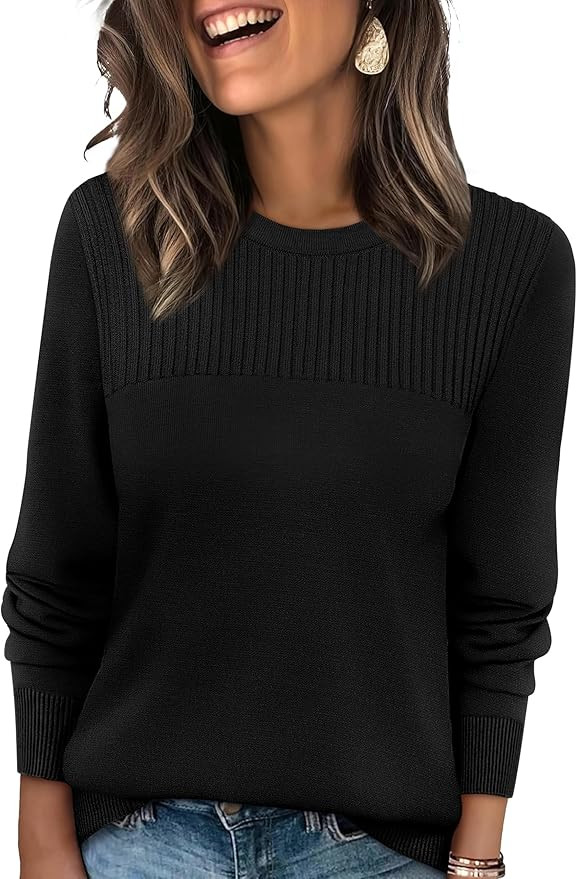 XIEERDUO Sweaters for Women Long Sleeve Shirts Round Neck Ribbed Knit Pullover Sweater Fashion Cl... | Amazon (US)