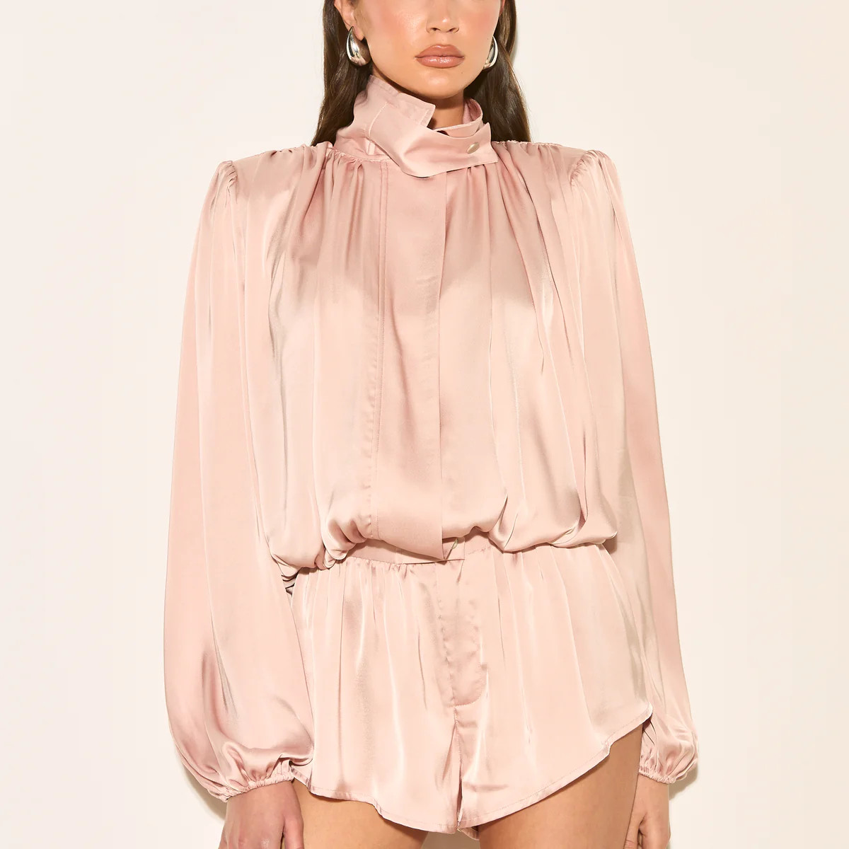 TELIA Blush Pink Satin Funnel Neck Playsuit | Noughts and Kisses