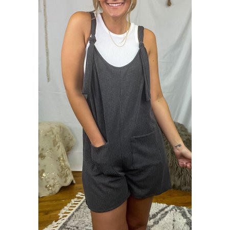 Dark Grey Ribbed Striped Knotted Straps Pocketed Romper | Walmart (US)