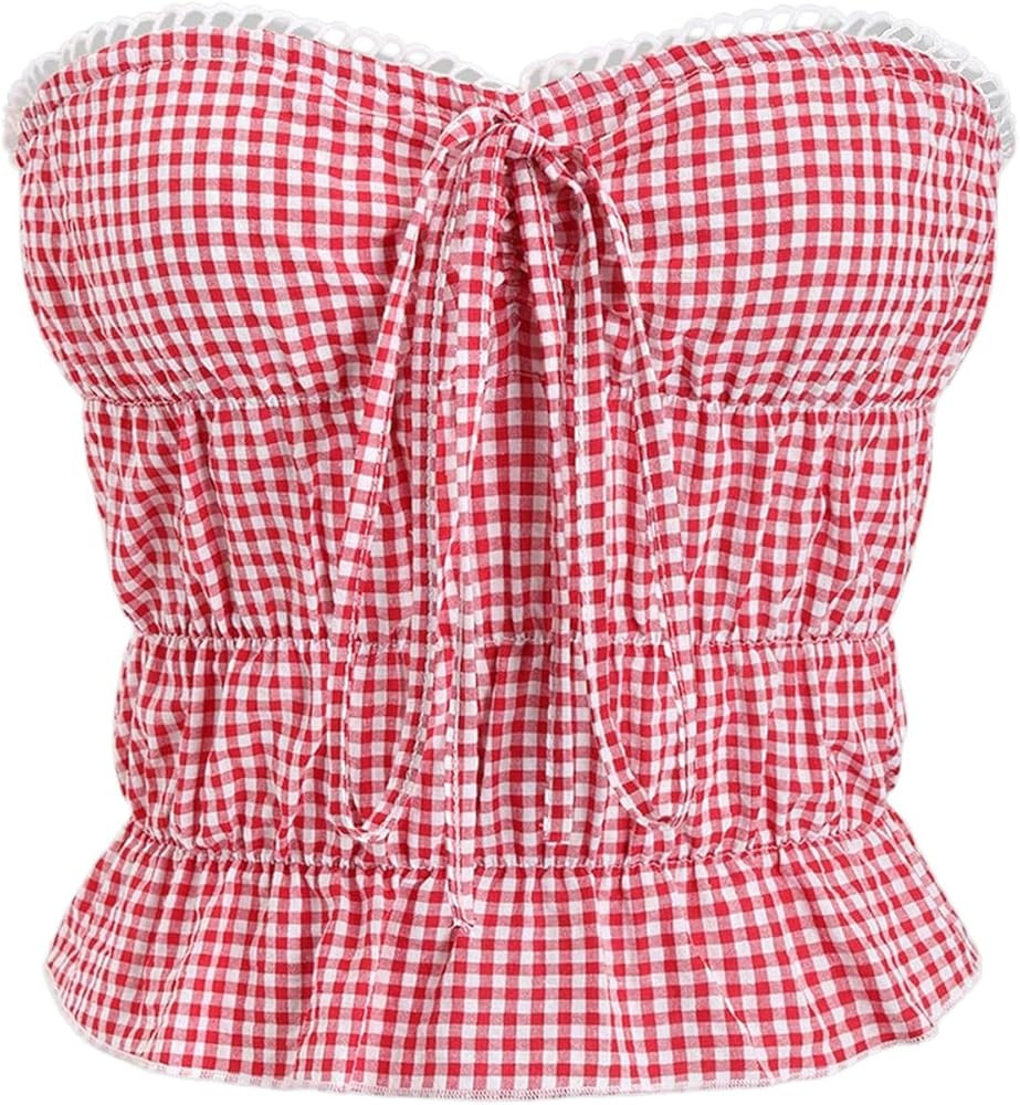 WDIRARA Women's Gingham Tube Crop Top Plaid Bow Ruffle Hem Y2k Bandeau Tops | Amazon (US)