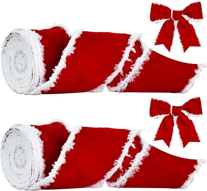 TONIFUL 2 Rolls-2.5 Inch White Fur Wired Red Velvet Ribbon, Vintage Velvet Ribbons,for Gift Handm... | Amazon (US)