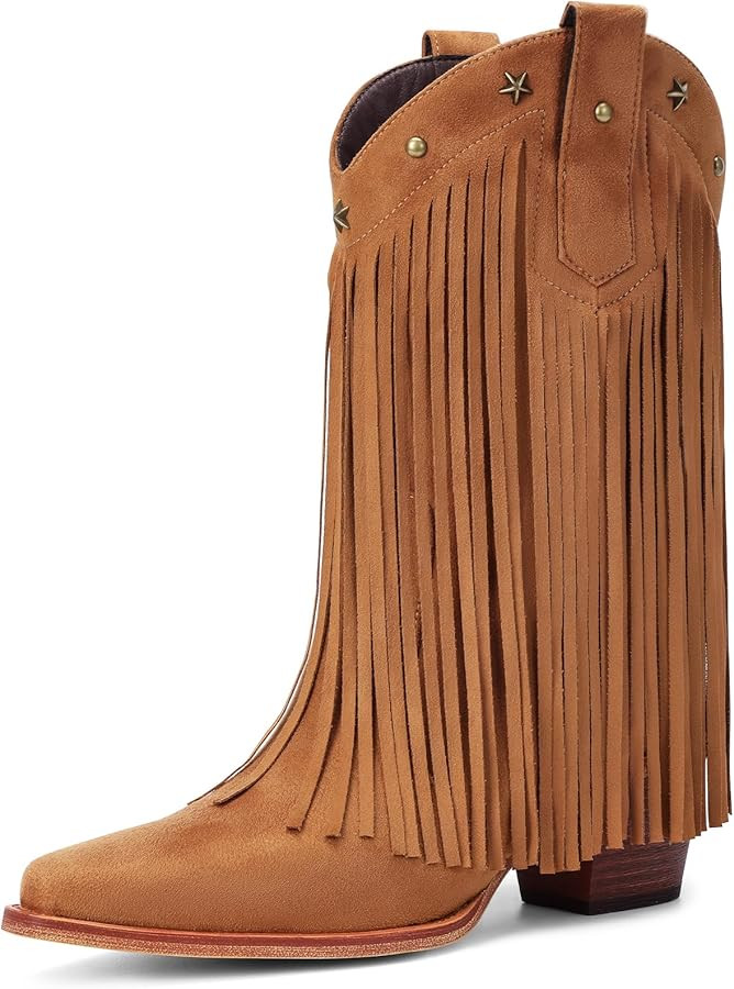 Fringe Cowboy Boots for Women \u2013 Mid Calf Cowgirl Boots with Star Studded, Pointed Toe and Ch... | Amazon (US)