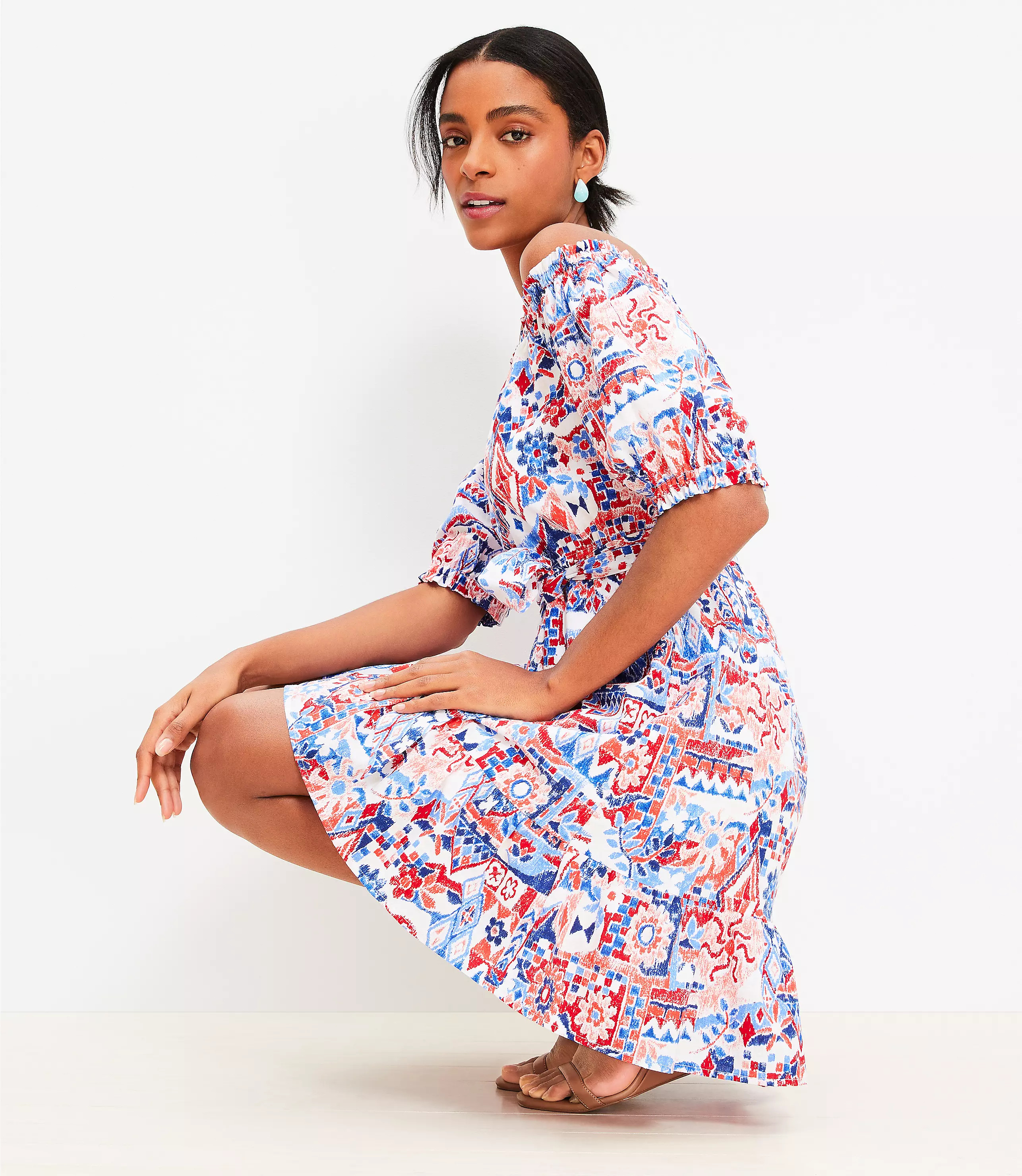 Scribble Ruffle Off The Shoulder Mini Dress | LOFT