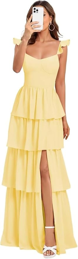 Tiered Ruffles Bridesmaid Dresses 2026 for Women Chiffon Formal Evening Dresses with Slit GR011 | Amazon (US)