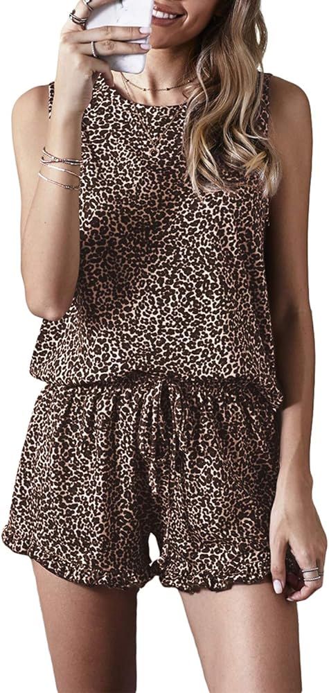 Amazon.com: Azokoe Women Leopard Printed Ruffle Shorts Pajamas Set O Neck Sleeveless Tank Top and Pa | Amazon (US)