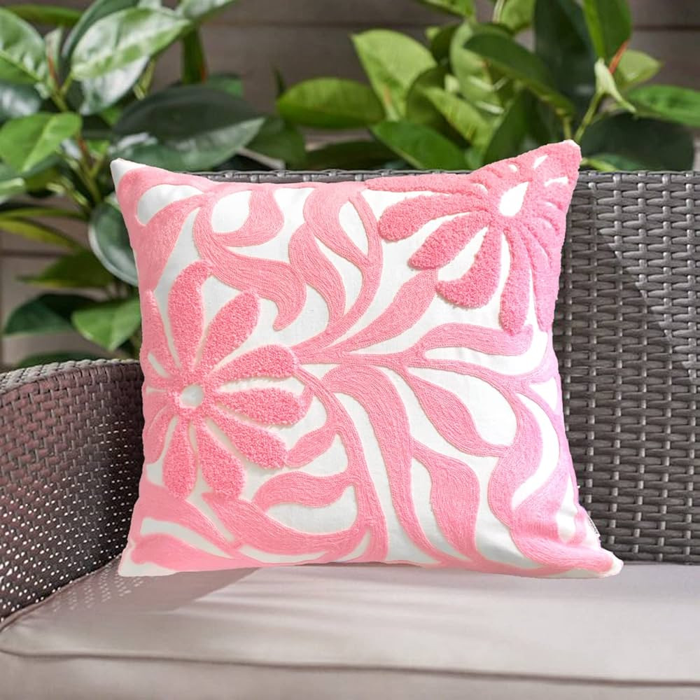 Alysheer Farmhouse Floral Leaves Embroidered Decorative Throw Pillow Cover 18x18 inches, Boho Tuf... | Amazon (US)