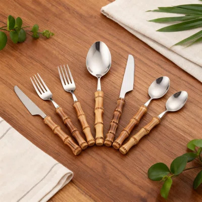 Bamboo Handle Stainless Steel Flatware Set 20-Piece Kitchen Cutlery Silverware With Mirror Polished Knives Forks Spoons For Home Dining | Wayfair North America