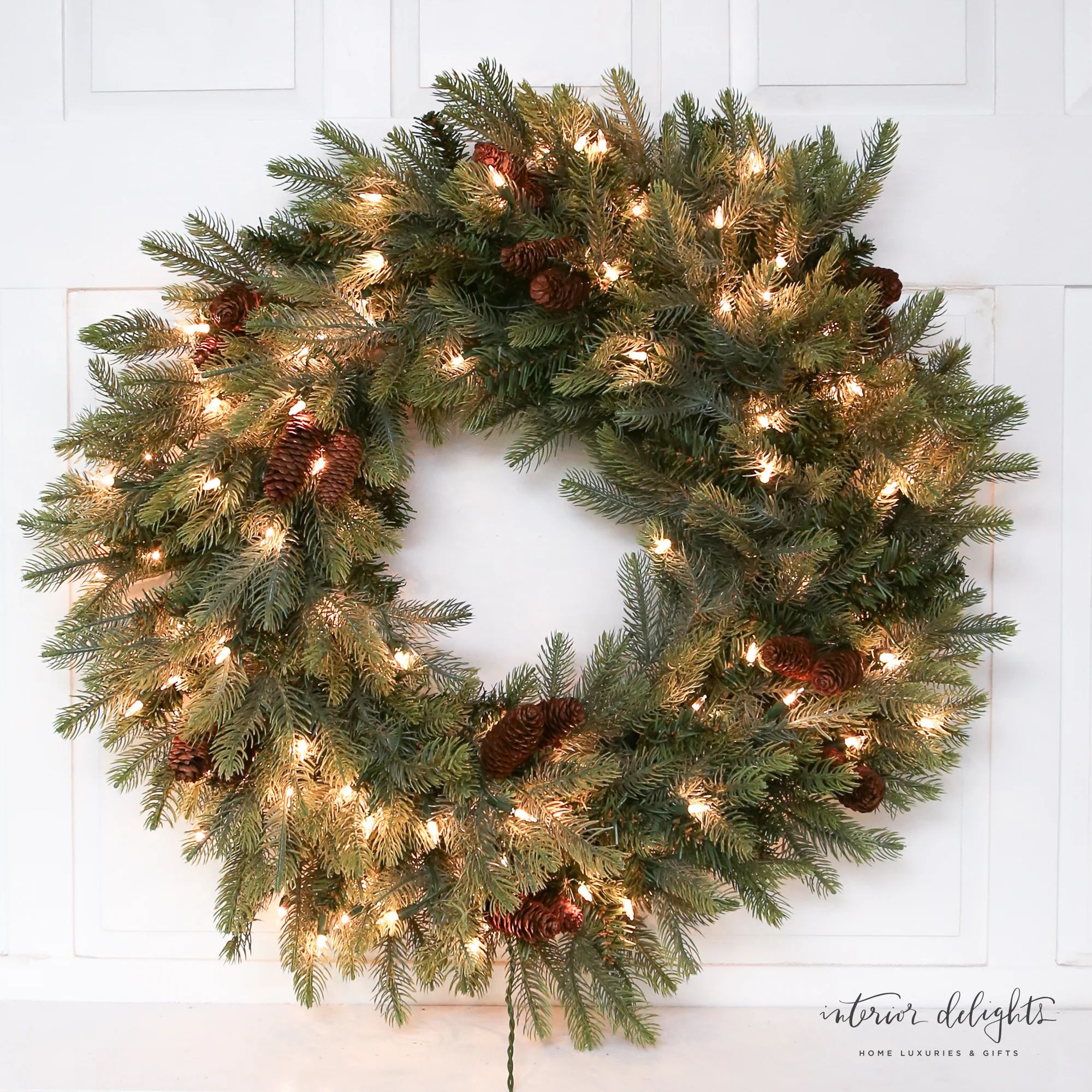 30" Pre-lit New England Pine Wreath with Pine Cones-50% OFF SALE | Interior Delights
