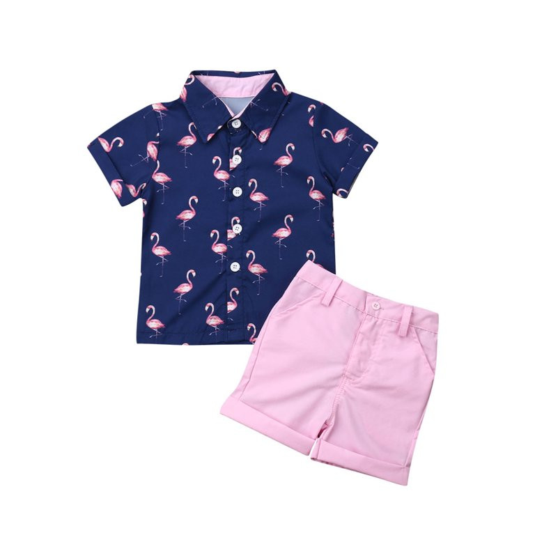 Bebiullo 2PCS Toddler Kid Baby Boy Short Sleeve Shirt Flamingo Button Tops+Solid Pocket Short Pan... | Walmart (US)