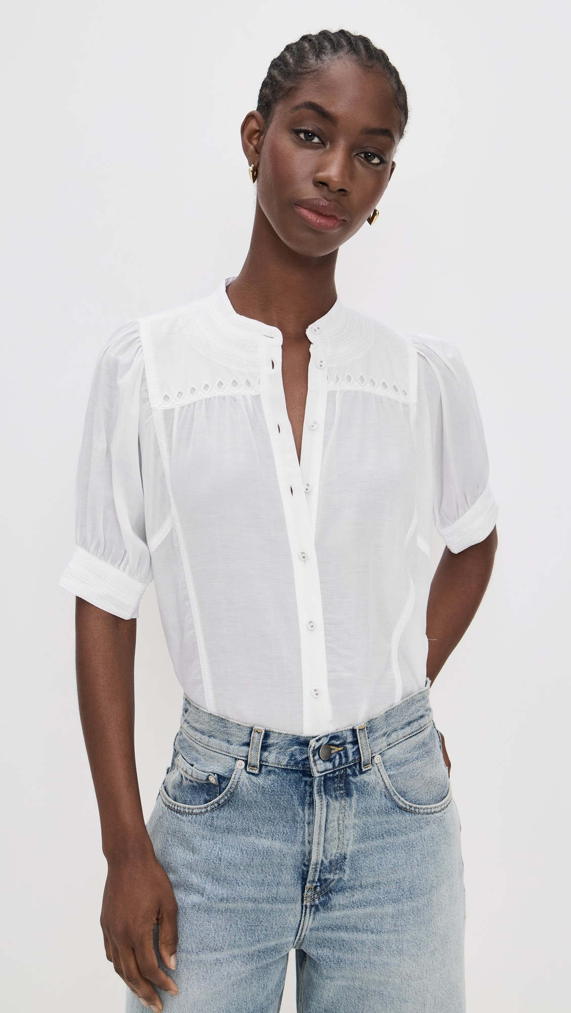 Embroidered Puff-Sleeve Band-Collar Shirt | Shopbop