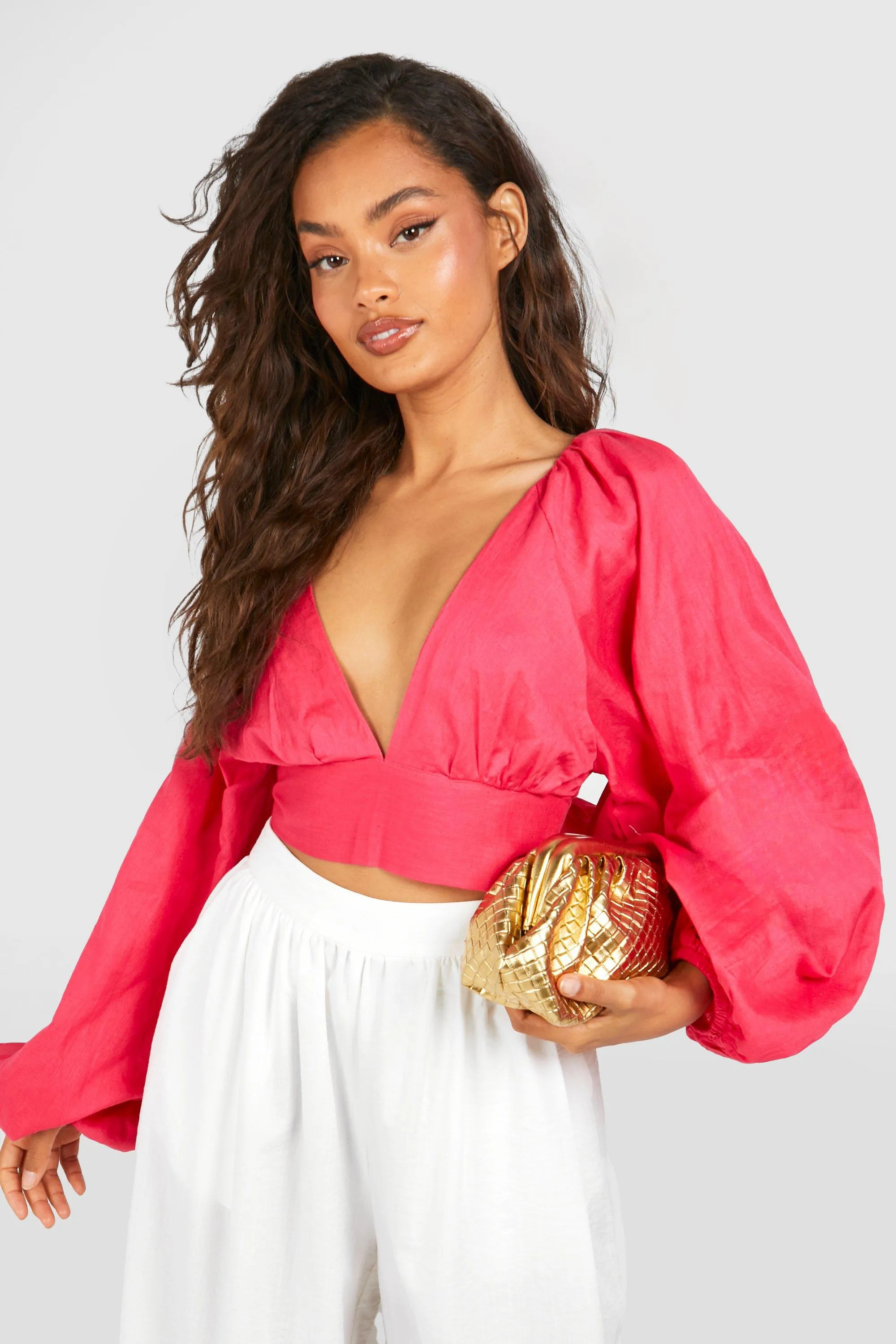 Linen Look Balloon Sleeve Tie Back Crop Top | boohoo (US & Canada)