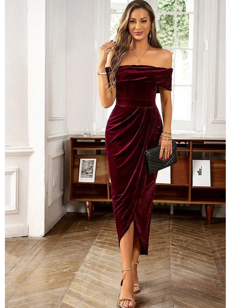Holiday Party Outfits Cocktail Christmas Dresses Burgundy Velvet Womens Velvet Wrap Off The Shoul... | Walmart (US)