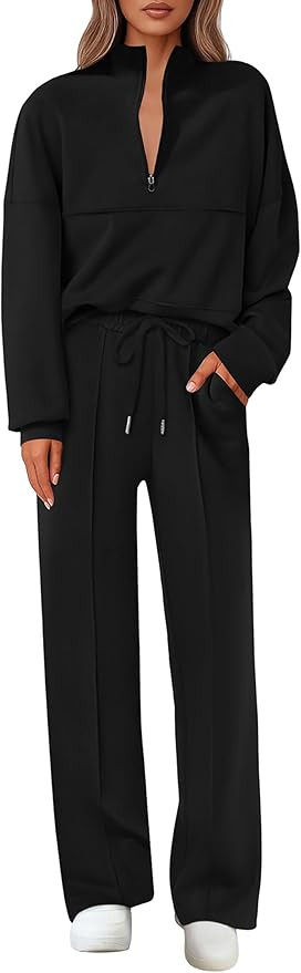 Lazysmile 2 Piece Sets For Women Lapel Half Zip Sweatshirt and Wide Leg Long Pants Sweatsuit Loun... | Amazon (US)