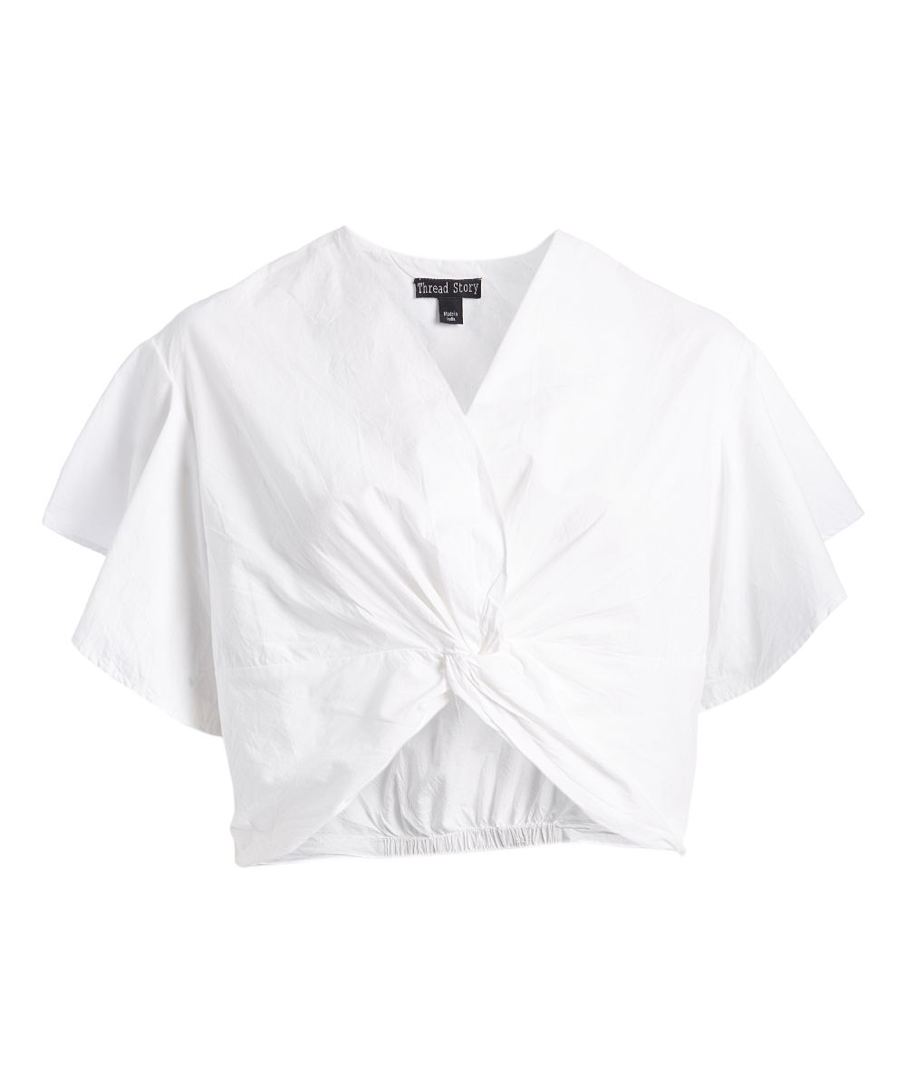 Thread Story Women's Blouses White - White Twist-Front Flutter-Sleeve Crop Top | Zulily