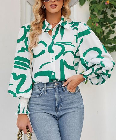 UDEAR Green & White Abstract Button-Up Top - Women & Plus | Zulily