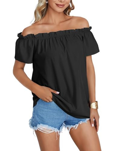 LYANER Women's Casual Off Shoulder Ruffle Short Sleeve Ruched Loose Tops Blouse Shirt Solid Black Small | Amazon (US)
