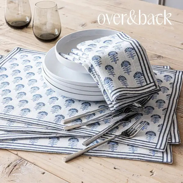 over&back Hand-Blocked 100% Cotton Placemats - Machine Washable - Set of 4 - Blue Flower | Bed Bath & Beyond