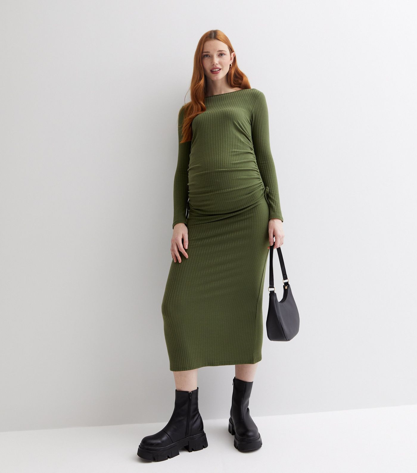 Khaki Round Neck Long Sleeve Ruched Side Midi Dress
						
						Add to Saved Items
						Remove ... | New Look (UK)