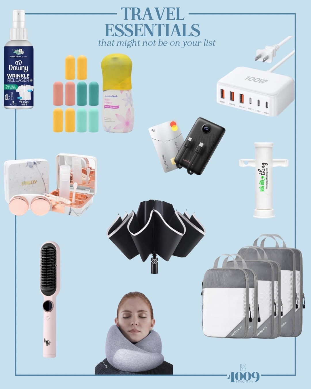 We sometimes forget travel essentials that are not commonly thought of when packing. Here’s some travel must haves for your summer vacations—no matter where you’re going. 
#packingcubes
#portablecharger
#flipproofumbrella
#travelhairstraightener
#siliconecovers
#wrinkleeraser
#contactlenstravelcase
#bugbitething
#neckpillow

#LTKTravel #LTKFindsUnder50 #LTKFamily