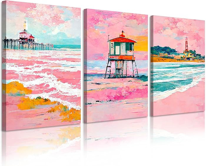Beach Boho Wall Art Prints Set of 3 Preppy Coastal Wall Decor Pictures Pink Beach Canvas Wall Dec... | Amazon (US)