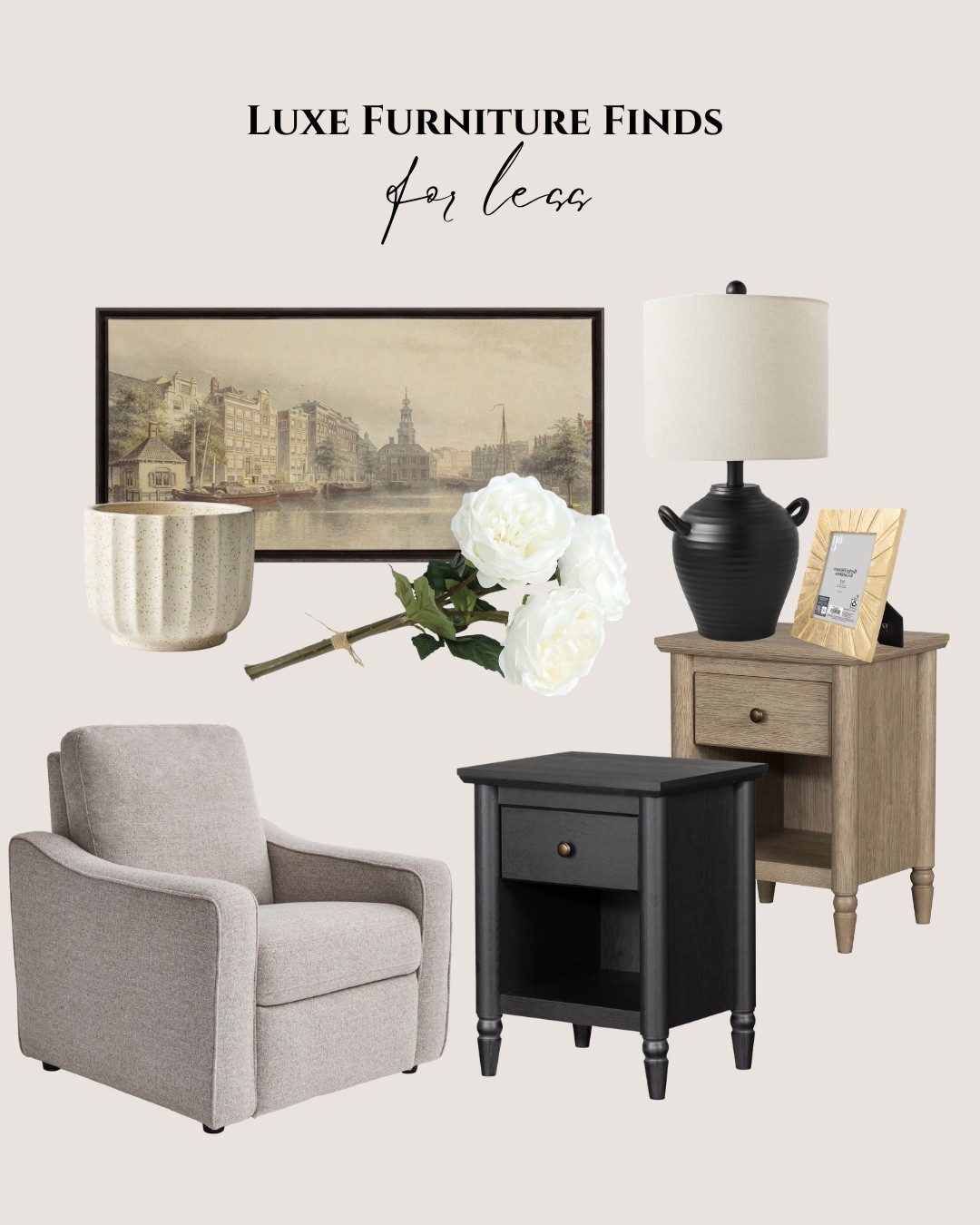 Walmart luxe furniture finds for less: gray armchair, vintage wall art, white ceramics vase, fake white flowers, black table lamp, gold frame, gray wood nightstand, black wood nightstand.

#LTKHome #LTKSaleAlert